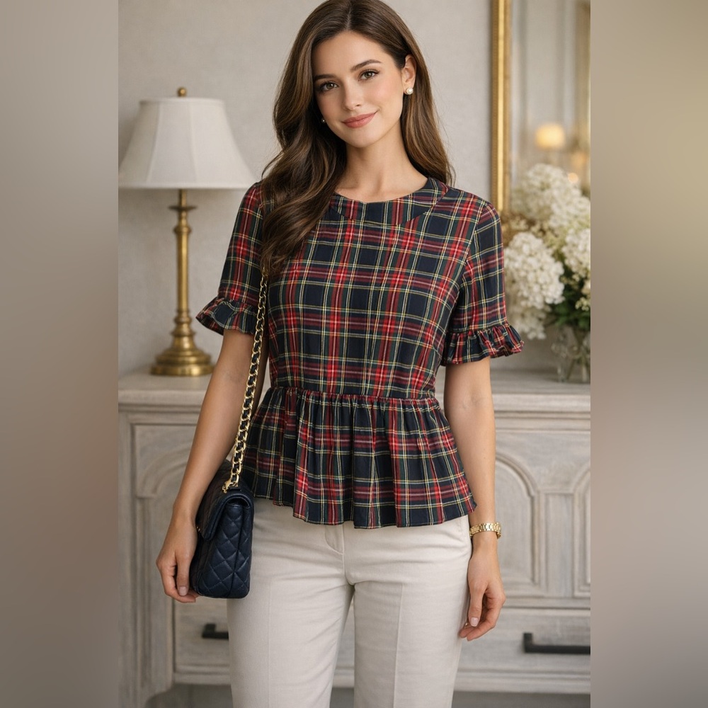 LaRoque Betty B Black Tartan Plaid Ruffle Blouse Preppy Polished‎ Quiet Luxury